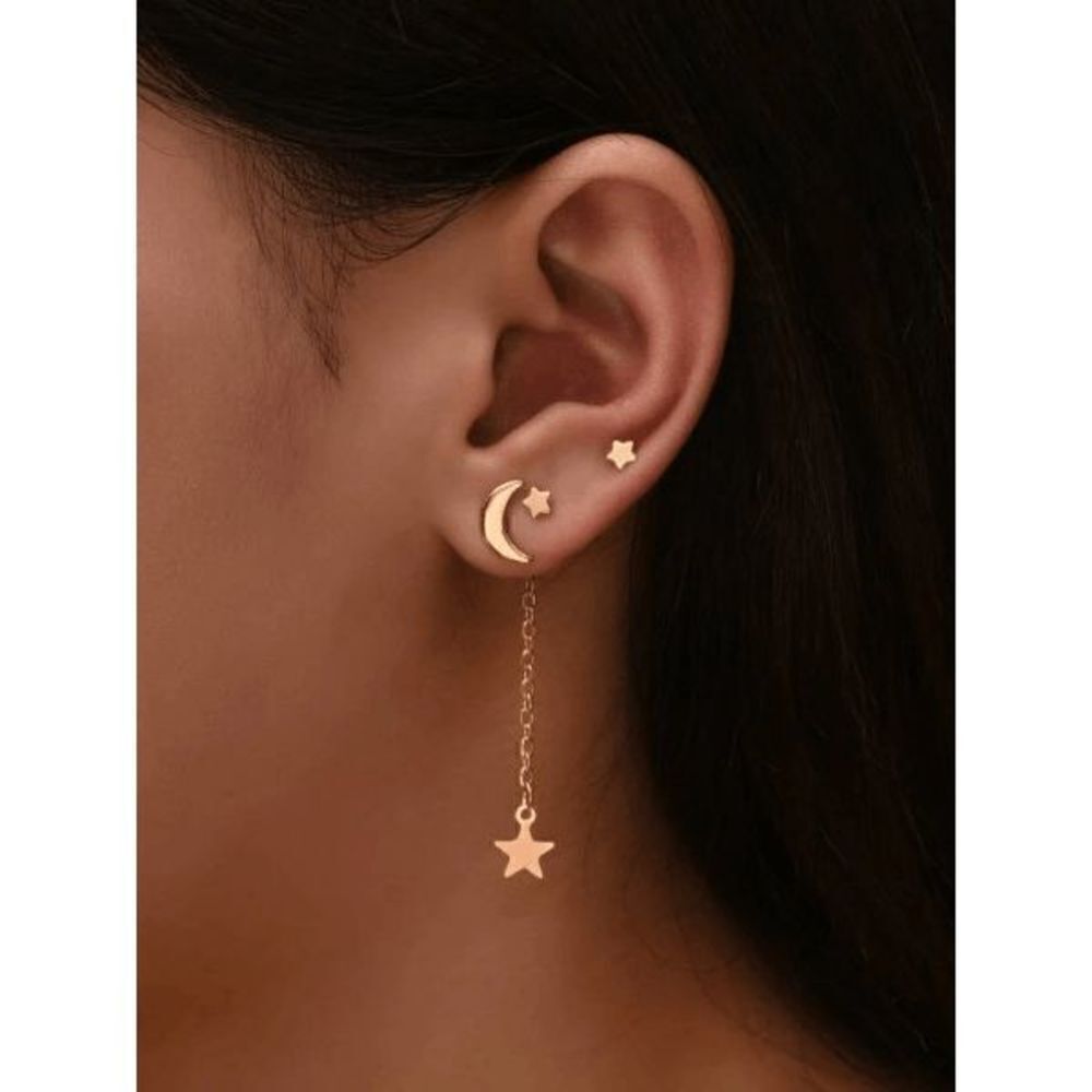 GOLD STAR CHAIN AND MOON & STARS STUD EARRINGS - 4 PIECE SET